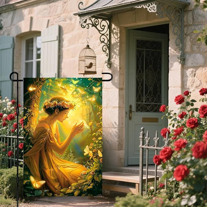 IVN Enchanted Fairy Garden Flag 12x18 Spring Outdoor Yard Flag with Flower Crown Fairy & Glowing Butterflies Double Sided Seasonal Lawn Decor for Garden Porch or Patio