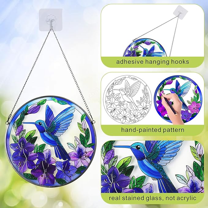 Hummingbird Stained Glass Suncather for Window Hanging, 9'' Purple Hummingbird Ornament Gift for Women, Nature-Inspired Wall Art Home Decor Gifts for Mom, Grandma (Purple, 9'')