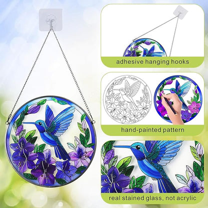 Hummingbird Stained Glass Suncather for Window Hanging, 9'' Purple Hummingbird Ornament Gift for Women, Nature-Inspired Wall Art Home Decor Gifts for Mom, Grandma (Purple, 9'')