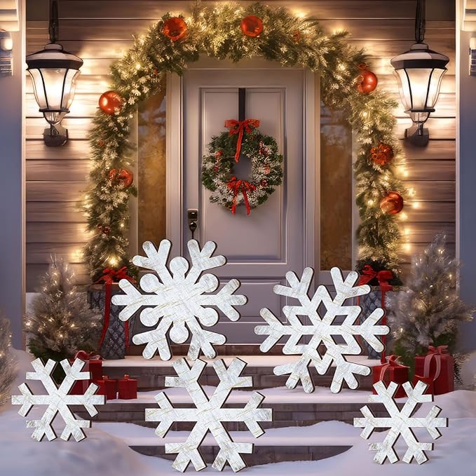 Yuntau 5 Pcs Large Winter Rustic Wooden Snowflake Decorations - Christmas Snowflakes Porch Standing Xmas Yard Signs for Front Door Garden Yard Patio