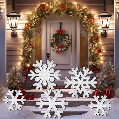 Yuntau 5 Pcs Large Winter Rustic Wooden Snowflake Decorations - Christmas Snowflakes Porch Standing Xmas Yard Signs for Front Door Garden Yard Patio