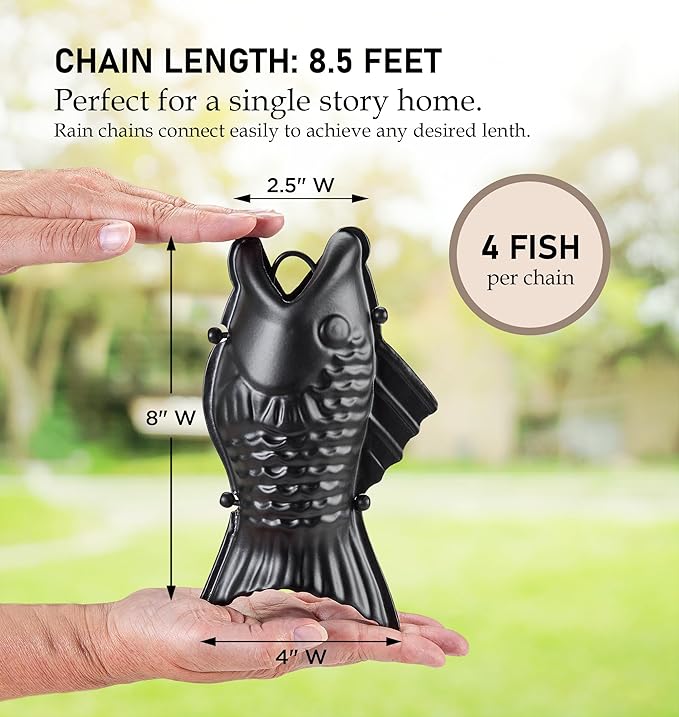 Fish Black Aluminum 8.5 ft. Rain Chain with Gutter Installation Clip by Good Directions