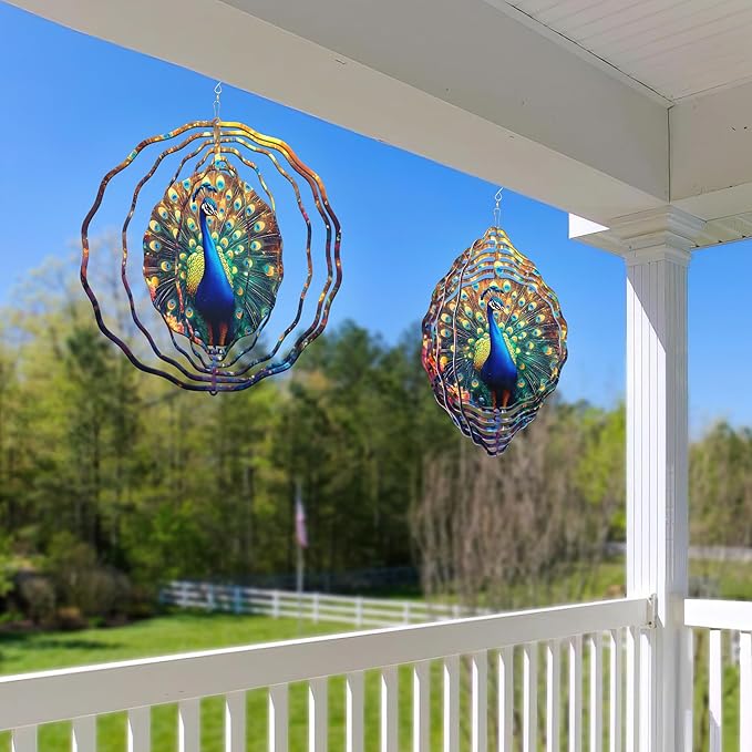 FLAGWIX Peacock Wind Spinners Outdoor - 3D Stainless Steel Metal Kinetic Spinner 12 inch - Gardening Gifts for Women, Peacock Yard Art Home Garden Decor, Gifts for Outside