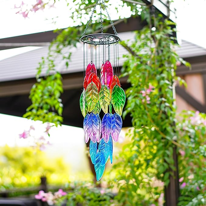 18'' Stained Glass Leaves Wind Chimes for Outside Unique Rainbow Leaves Forest Windchimes Outdoor Decoration Garden Decor