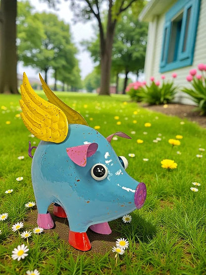 Colorful Enameled Metal Flying Pig Statue - Blue, Patio and Lawn Outdoor Garden Decor, Indoor Home Decoration, Yard Art, Farm Animal Sculpture