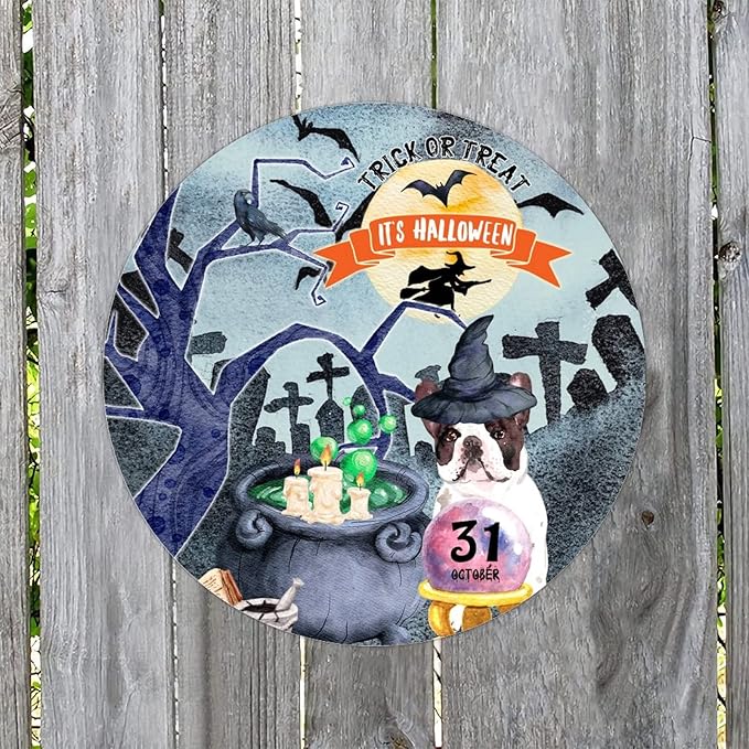 Retro Metal Sign 12"x12",Happy Halloween Scary Night Grave Witch Bats Trick Or Treat Dog Aluminum Tin Metal Sign for Home Living Room Bedroom Garden Farm Patio Decor Wall Art Poster