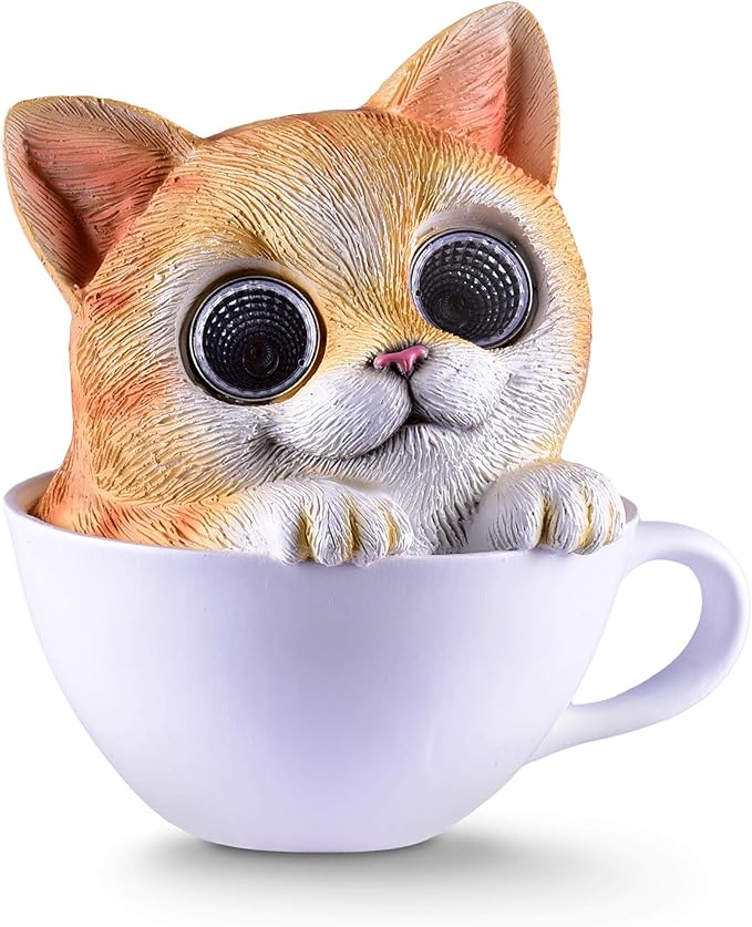 Blazin Cat in Cup Solar Garden Decorations Figurine | Outdoor LED Decor Figure | Light Up Decorative Statue Accents for Yard, Patio, Lawn, or Deck | Great Housewarming Gift Idea (Brown, 1 Pack)