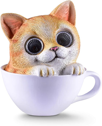 Blazin Cat in Cup Solar Garden Decorations Figurine | Outdoor LED Decor Figure | Light Up Decorative Statue Accents for Yard, Patio, Lawn, or Deck | Great Housewarming Gift Idea (Brown, 1 Pack)