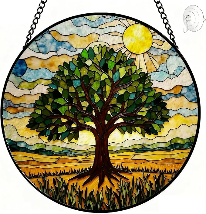 Stained Glass Window Hanging - 8″ Tree of Life Sun Catchers Indoor Window - Suncatcher for Door Home Garden Decor Glass Panel Window Art Ornament - Mothers Day Birthday Gifts for Women Men Mom Grandma