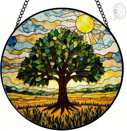 Stained Glass Window Hanging - 8″ Tree of Life Sun Catchers Indoor Window - Suncatcher for Door Home Garden Decor Glass Panel Window Art Ornament - Mothers Day Birthday Gifts for Women Men Mom Grandma