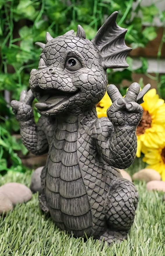 Ebros Whimsical Garden Dragon with Hippie Peace Sign Gesture Statue 10.5" Tall Cute Baby Dragonling Smiling Wide Faux Stone Resin Finish Figurine Home Decor Sculpture