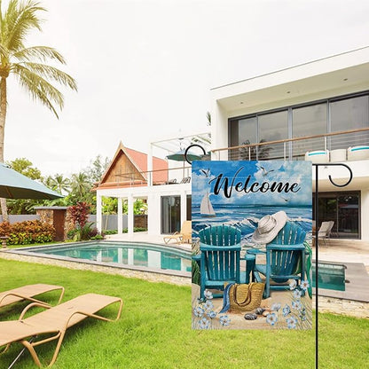 Hzppyz Welcome Summer Blue Sea Ocean Chairs Myosotis Sylvatica Flower Beach Garden Flag, Coastal Nautical Seagull Sailboat Bag Hat Decorative House Yard Outdoor Small Decor, Tropical Home Outside