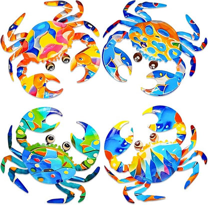 FaloStwer Metal Beach Wall Decor Art, 3D Colorful Sea Turtle Fish Crab and Seahorse Outdoor Sculptures, Ocean Themed Outside Decor for Patio Pool Bathroom Yard Farmhouse Fence Deck (Crab)