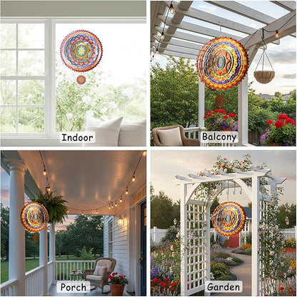 2 Pack Garden Wind Spinners Outdoor Mandala 3D Stainless Steel 12 Inch Patio Garden Decorations Multi Color Hanging Wind Spinners for Porch