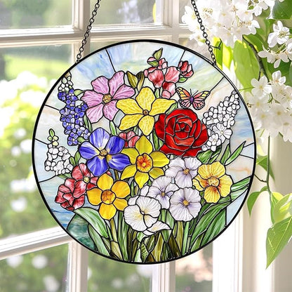 Stained Glass Window Hanging, Colorful Floral with Butterfly Glass Panel Suncatcher Hangings Sun Catchers Garden Decor for Birthday for Women, Men Mom 7.8 in