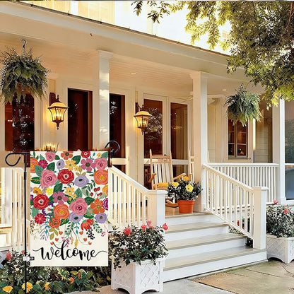 Baccessor Spring Summer Welcome Garden Flag Double Sided 12.5 x 18 Inch Burlap with Clip and Stopper,Floral Flowers Flag Seasonal Farmhouse Front Yard Lawn Outside Outdoor Decoration
