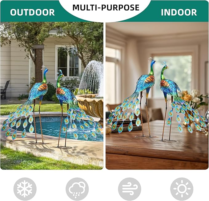 32" Oversized Peacock Decor Set of 2, Hand-Painted Metal Yard Art, Weatherproof Outdoor Garden Statues & Sculptures for Lawn, Flower Beds, Patio, Backyard or Indoor Kitchen & Home Decor