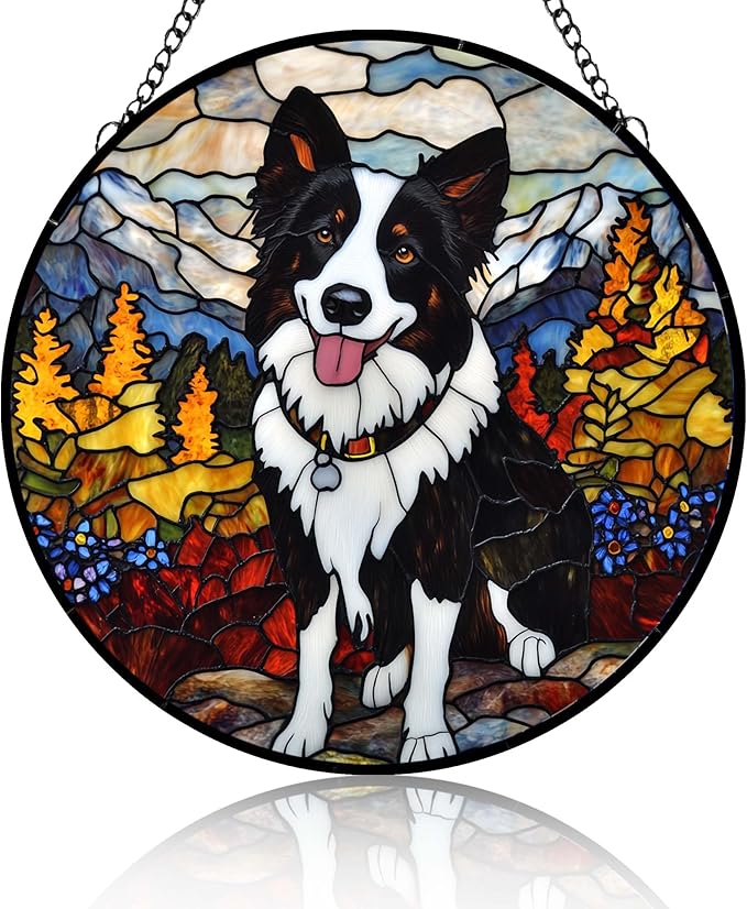Stained Glass Suncatcher Border Collie in Mountain Meadow Handmade Window Hangings Colored Glass Suncatcher Crafts Kits for Indoor Garden Christmas Home Decor Gift for Pet Lover Memorial 6.3in