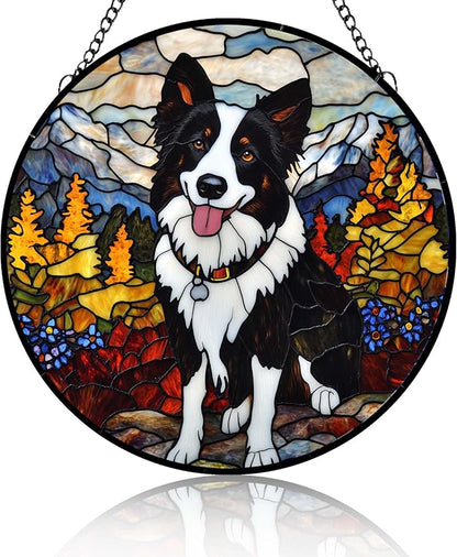 Stained Glass Suncatcher Border Collie in Mountain Meadow Handmade Window Hangings Colored Glass Suncatcher Crafts Kits for Indoor Garden Christmas Home Decor Gift for Pet Lover Memorial 6.3in