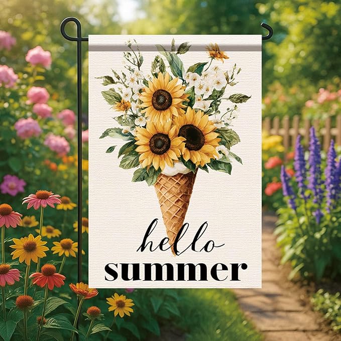 Hello Summer Garden Flag Sunflower Ice Cream Floral Outdoor Yard Porch Lawn Garden Decor for Rustic Farmhouse Cottage Patio Seasonal Summer Home Display