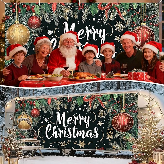 IVN Merry Christmas Happy New Year Garage Door Banner 13x6 ft Christmas Garage Door Cover Wnter Scene Background Indoor Outdoor Black Snowflake Tree Holly Ornaments Holiday Decorations for Home and Events Wall Backdrop Decor