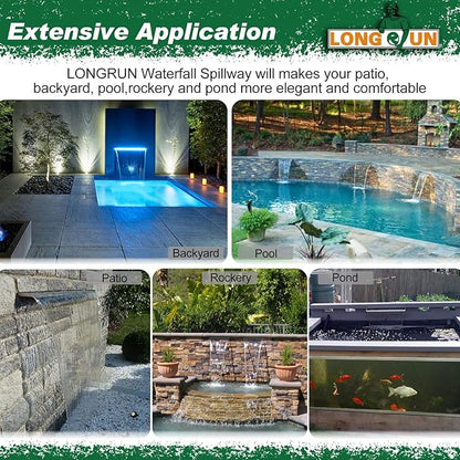 LONGRUN Pool Fountain Stainless Steel Outdoor Pond Spillway Waterfall with Wider Water Flow Platform Multi-Color LED Light Spray Indoor Waterfall Fountains for Garden-35.4" x 8" x 3.94"(W x D x H)