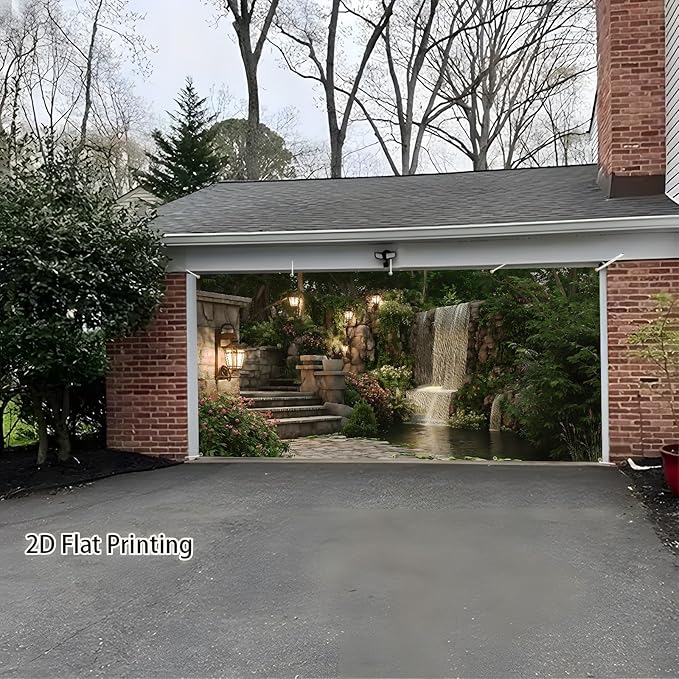 Garage door banner cover, 6x13 ft beautiful garden scene with flowers and waterfalls background, Large Outdoor Backyard Landscape Decoration (Garden Waterfall)