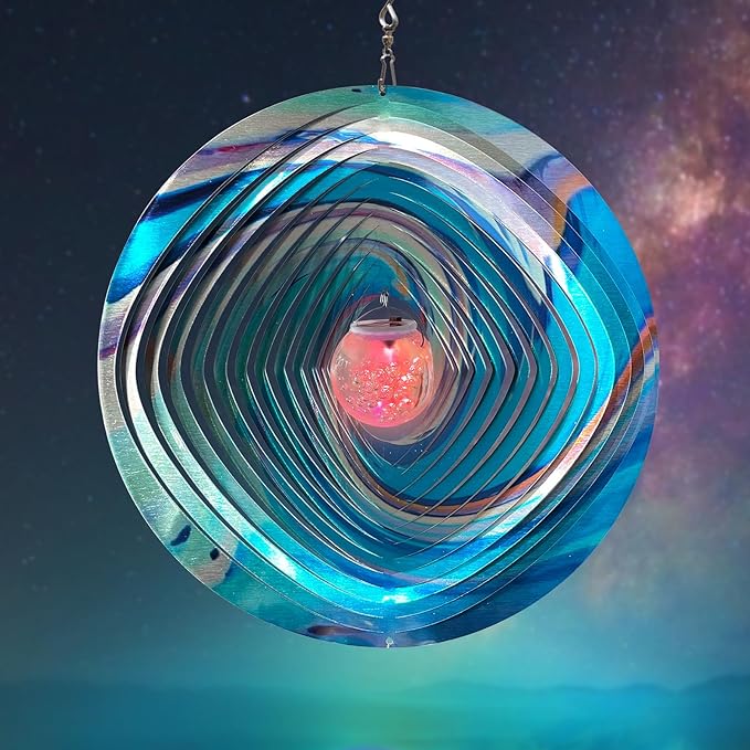 FONMY Mandala Wind Spinner w/Solar Ball 3D Stainless Steel Hanging Wind Spinners Worth Gift Christmas Decoration Indoor/Outdoor Garden Décor Kinetic Yard Art 12 Inches Multi Blue Wind Sculpture