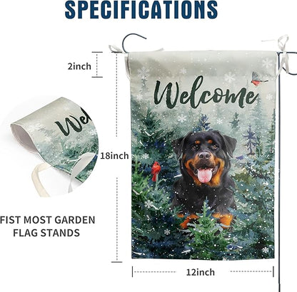 Welcome Winter Garden Flags Rottweiler Garden Flag Cardinal Birds on Snowy Pine Tree Flag Dog Yard Flags for Outside 12x18 Double Sided Christmas Decorative Lawn Flags