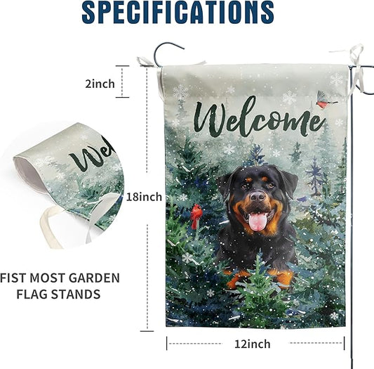 Welcome Winter Garden Flags Rottweiler Garden Flag Cardinal Birds on Snowy Pine Tree Flag Dog Yard Flags for Outside 12x18 Double Sided Christmas Decorative Lawn Flags