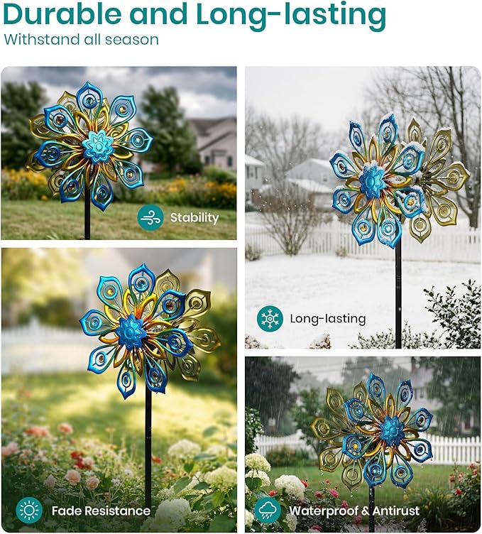 Solar Wind Spinners Outdoor, 63x13 Inch Double Layer Metal Wind Spinner with Crackle Glass Ball, Built-in Solar Panel, Peacock Feather Kinetic Yard Art with LED Light for Garden Decor