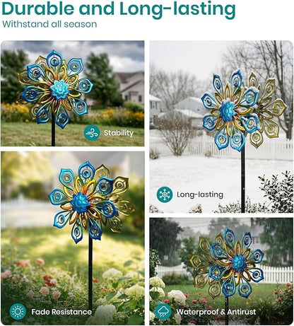 Solar Wind Spinners Outdoor, 63x13 Inch Double Layer Metal Wind Spinner with Crackle Glass Ball, Built-in Solar Panel, Peacock Feather Kinetic Yard Art with LED Light for Garden Decor