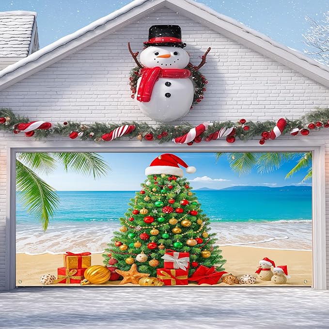 IVN Merry Christmas Garage Door Banner 13x6ft Festive Backdrop with Beach Christmas Tree Garage door cover Photo Prop Background for Joyful Holiday Yard Door Cover Background Outdoor Winter Scene