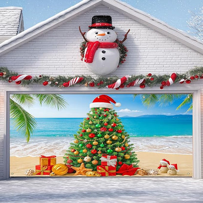 IVN Merry Christmas Garage Door Banner 13x6ft Festive Backdrop with Beach Christmas Tree Garage door cover Photo Prop Background for Joyful Holiday Yard Door Cover Background Outdoor Winter Scene