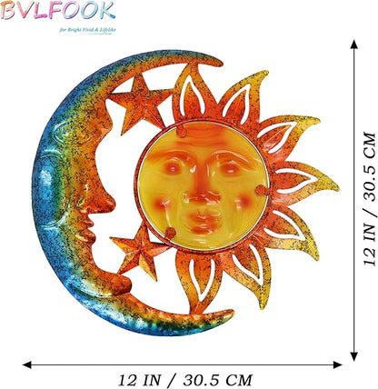 Metal Sun&Moon Wall Art Decor,12 Inch Retro Hanging Decor With Glass,Sun Moon Star Valentine Wall Decorations For Patio Yard Garden Fence Living Room Bedroom