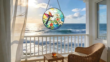 Stained Glass Window Hanging - Colorful Hummingbird Stand on Branches Covered in Flowers 6.3 Inches Suncatcher for Garden Home Decor for Women Mon Grandma Friends