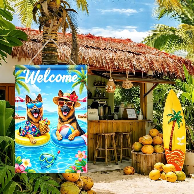 BlissYard Welcome Summer German Shepherd Garden Flag 12x18 Double Sided Vertical Outdoor Pool Dog Decor Tropical Beach Yard Lawn Patio Poolside Banner