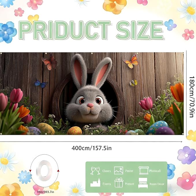 Easter Garage Door Banner Cover, Easter Bunny Colorful Eggs Spring Party Backdrop Decor, Garage Door Cover For Outdoor Yard Holiday Decoration (Cave Bunny)