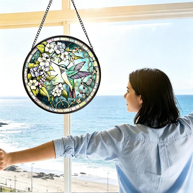 Stained Glass Sun Catcher,Fly HummingbirdStained Glass Window Hanging Garden Decor,Sun Catchers Indoor Window,Whimsical Decoration for Home Backyard Patio Lawn Porch with 7.9 INCH