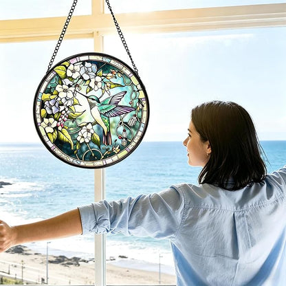 Stained Glass Sun Catcher,Fly HummingbirdStained Glass Window Hanging Garden Decor,Sun Catchers Indoor Window,Whimsical Decoration for Home Backyard Patio Lawn Porch with 7.9 INCH