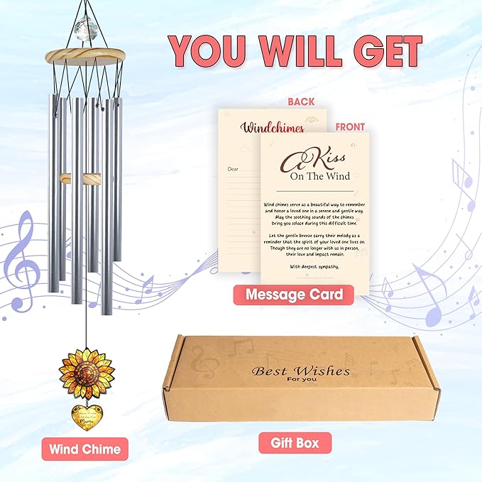 Personalized Memorial Sunflower Wind Chimes for Outside, Custom Crystal Memory Suncatcher Ornament, Sympathy Gift for Loss of Mother Father, in Loving Memory Windchimes, Mother's Day Garden Décor