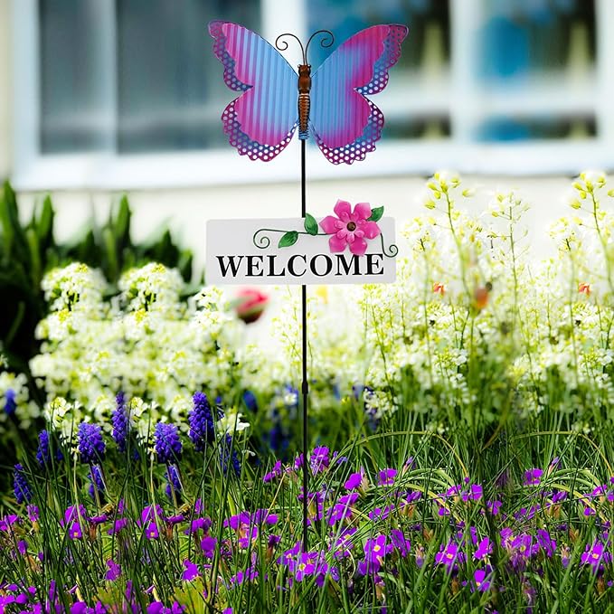 Garden Decor Metal Welcome Yard Stakes Spring Lawn Art Patio Decorative Plant Stake for Flower Pot Pathway Porch Backyard Indoor Outdoor Decoration (Butterfly)