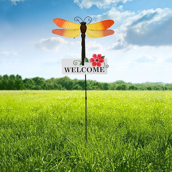 Garden Decor Metal Welcome Yard Stakes Spring Lawn Art Patio Decorative Plant Stake for Flower Pot Pathway Porch Backyard Indoor Outdoor Decoration (Dragonfly)