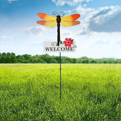 Garden Decor Metal Welcome Yard Stakes Spring Lawn Art Patio Decorative Plant Stake for Flower Pot Pathway Porch Backyard Indoor Outdoor Decoration (Dragonfly)