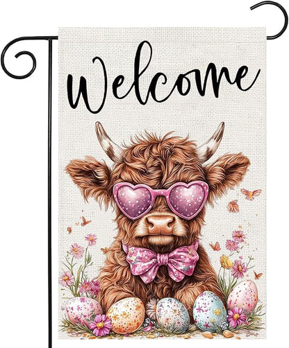 Welcome Cow Garden Flags 12x18 Inch Vertical Double Sided Outside, Easter Eggs Flowers Spring Yard Flag Decor, Holiday Outdoor Decorations for Home