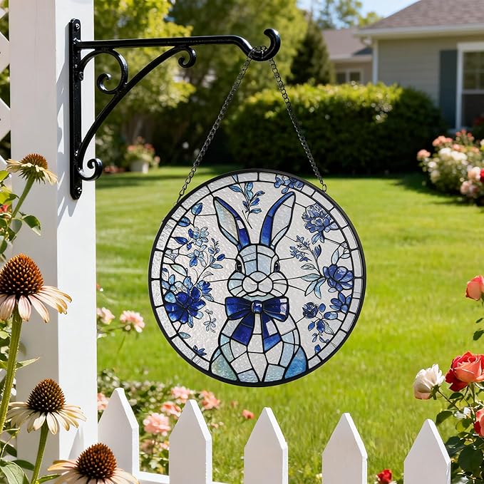Stained Glass Window Hanging, Rabbit Circular Painted Glass Suncatcher with Chain & Suction Cup for Home Garden Door Decor, Birthday for Women Men Mom 7.8 in