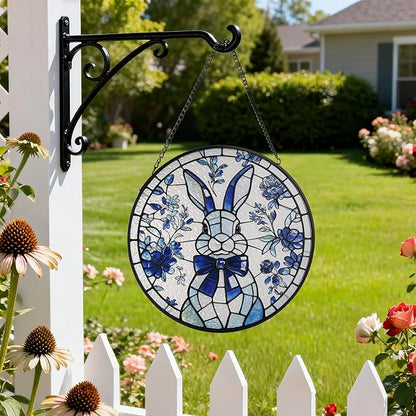 Stained Glass Window Hanging, Rabbit Circular Painted Glass Suncatcher with Chain & Suction Cup for Home Garden Door Decor, Birthday for Women Men Mom 7.8 in