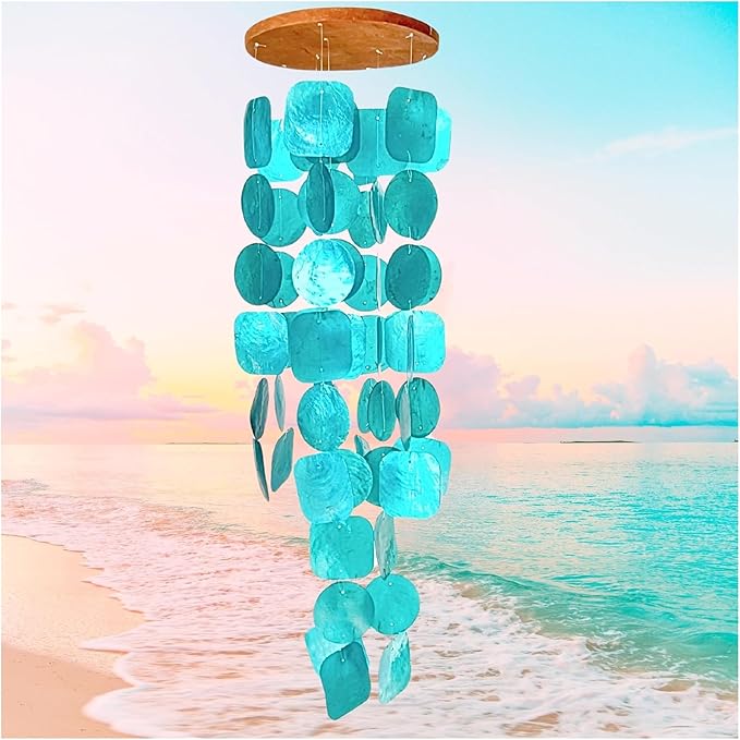 Bellaa Handmade Wind Chimes Outdoor, Musical, Garden Decorations, Beach, Ocean, Breeze, Gifts for Mom, Outside Windchimes, 63pcs, Capiz, Shells, Sea, Glass, Wood, Turquoise, 20744