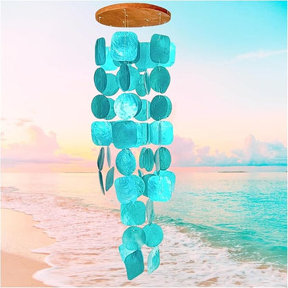 Bellaa Handmade Wind Chimes Outdoor, Musical, Garden Decorations, Beach, Ocean, Breeze, Gifts for Mom, Outside Windchimes, 63pcs, Capiz, Shells, Sea, Glass, Wood, Turquoise, 20744