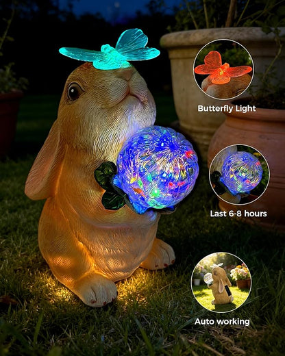 Hogni Solar Bunny Garden Statue Outdoor Decor, Rabbit Figurines with LED Light, Waterproof Solar Powered Yard Art for Patio, Balcony, Lawn, Cute House Warming & Birthday Gifts for Mom, Grandma, Women